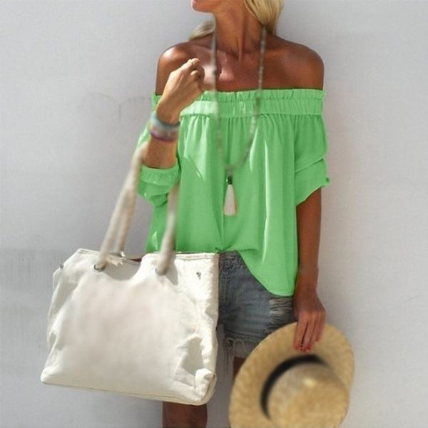 

womens off shoulder casual blouse summer solid color 3/4 sleeve tees, White