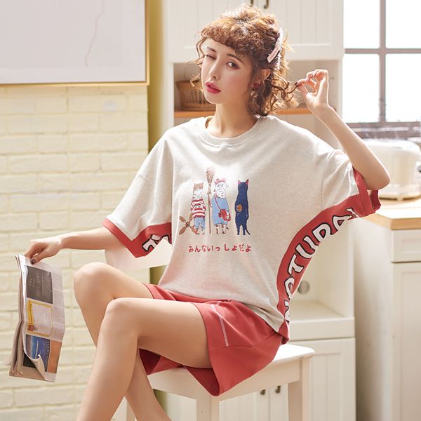 

new arrival summer pajamas for women sleepwear 100%cotton cartoon casual soft short sleeve round neck casual women pajama sets, Blue;gray