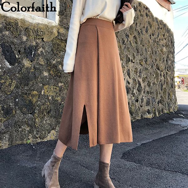 

colorfaith 2019 women autumn winter knitted midi skirts mid-calf empire korean style elegant a-line split solid skirt sk5723, Black;gray