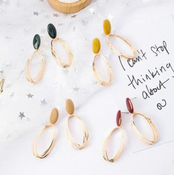 

korean version drop glaze multi-layer geometry sweet simple design long personality oval hoop earrings for women, Golden