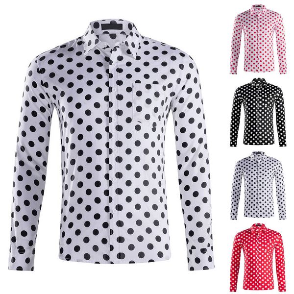 

men shirts long sleeve regular fit summer beach hawaiian print button turn-down collar white dot shirts overhemden heren, White;black