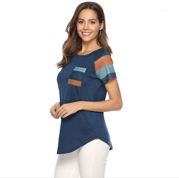 

womens t-shirt girl short sleeve summer designer shirt striped pocket splice, White