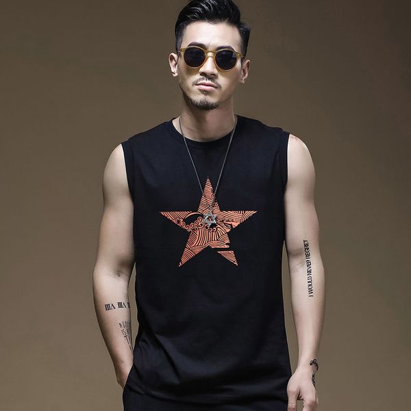 

dafanqi tank man star printing cotton o-neck fitness gym clothing sleeveless casual singlet loose shape vest for male, White;black