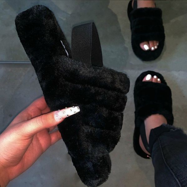 

new women slippers 2020 spring fashion fur slippers flat bottom comfortable ladies sandals plush outdoor leisure shoes woman, Black