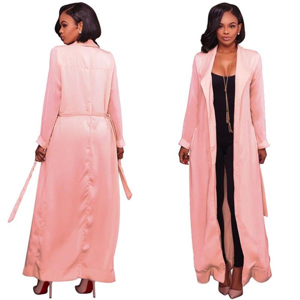 

full sleeve adjustable waist chiffon long trench coat casual women open stitch belted turn down collar coats autumn outwear, Tan;black