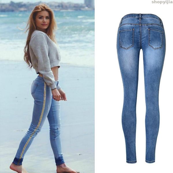 

women slim embroidered gold sequin high street push up denim low waist fashion side stripe skinny jeans, Blue
