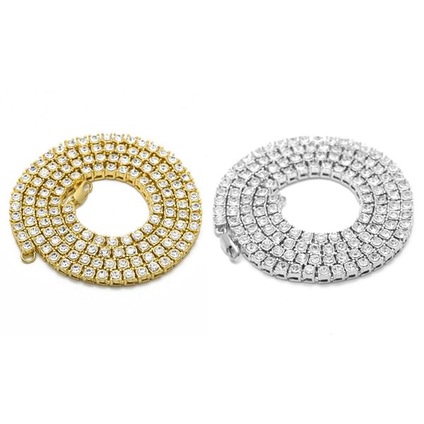 

2 pcs fashion men's hip hop tennis chain 1 row necklaces men chain 24 inch, silver & gold