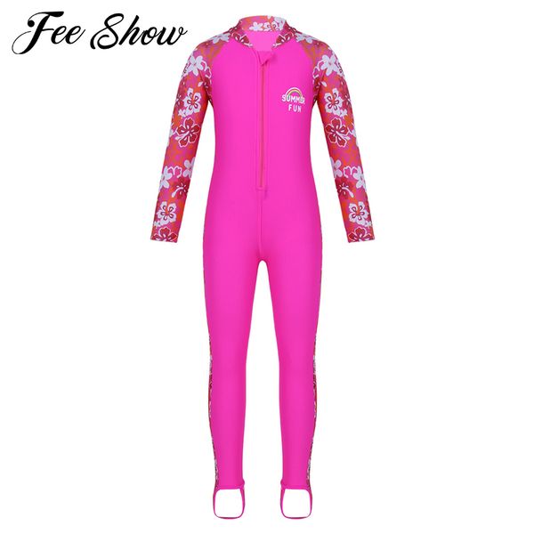 

kids girls flower floral printed long sleeves zipper up rash guard swimsuit swimwear bathing suit for swimming surfing beachwear, White