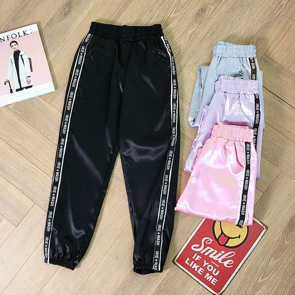 

sfit new big pocket satin highlight harem pants women glossy sport ribbon trousers bf harajuku joggers women's sports pants, Black;white
