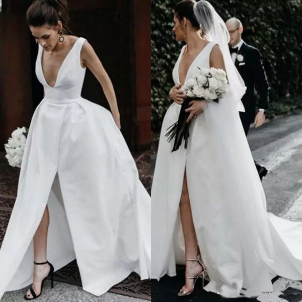 

Deep V Neck Satin Wedding Dresses 2019 Cheap Long Split Front Backless Bridal Dress Sleeveless Simple Wedding Gowns Beach Vestidos
