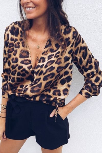 

new 2019 spring laopard v neck women and cotton blend slim animal print ladies top, White