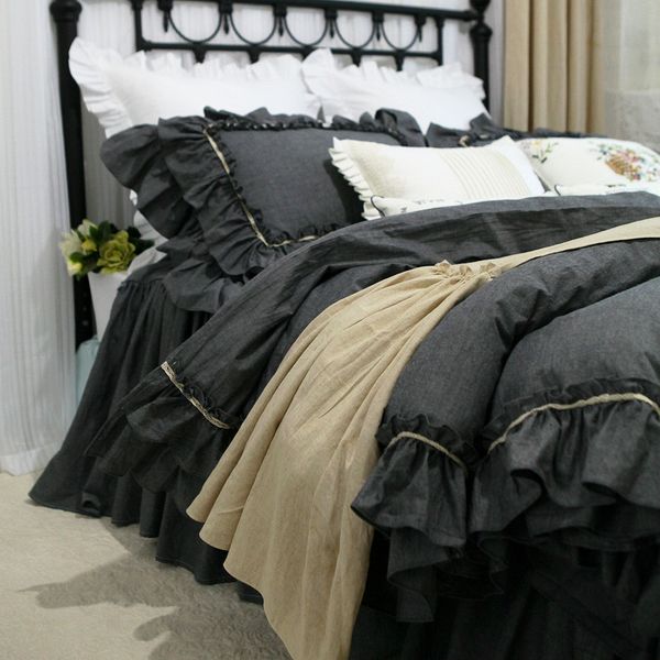 

grey double ruffle bedding set lace design bedding bed set 100% cotton  luxury duvet cover bed bedspread