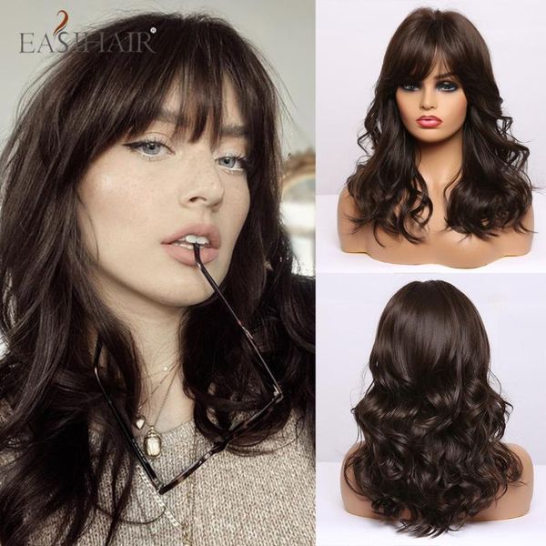 

easiahir black dark brown medium water wave women wigs with bangs wave cosplay heat resistant synthetic hair wig for black women