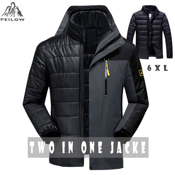 

peilow winter jacket men fashion 2 in 1 outwear thicken warm parka coat women`s patchwork waterproof hood men jacket size m~6xl, Black