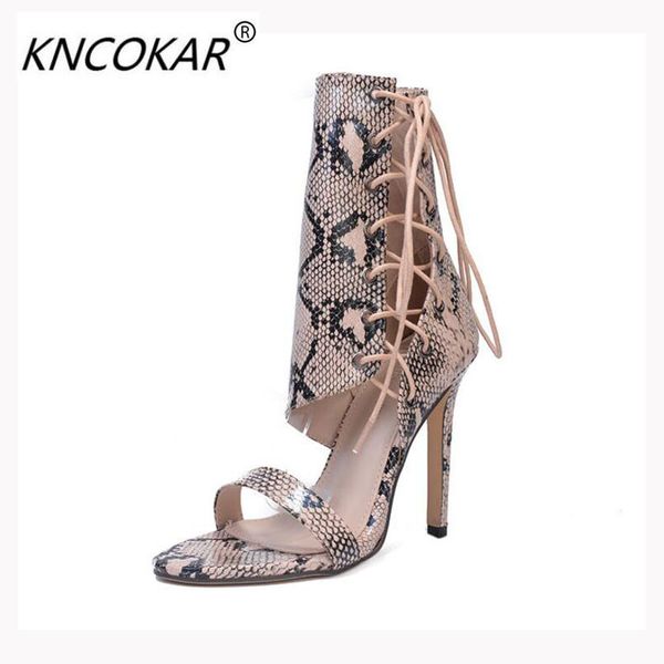 

kncokar 2018 the new summer model of european and american high heel cross tie with hollow snake grain women's boots, Black