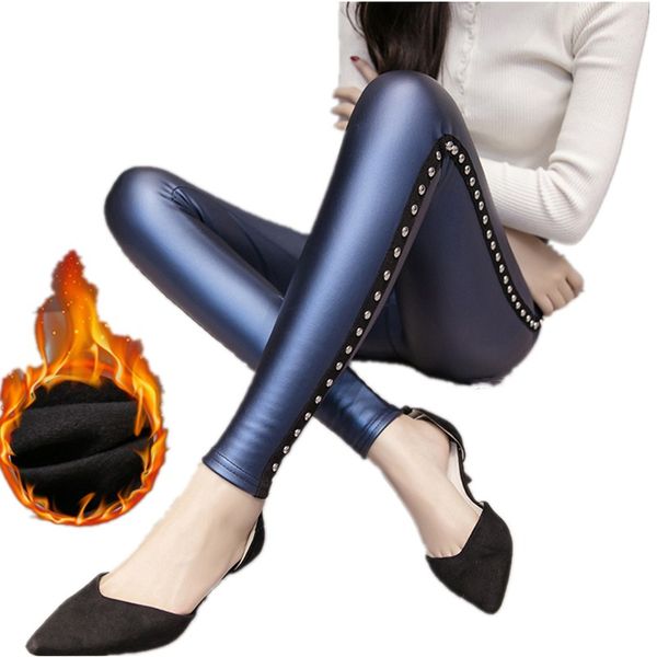 

2019 winter leggings for women high waist pu leather skinny pencil pants slim rivet black legging trousers p9167