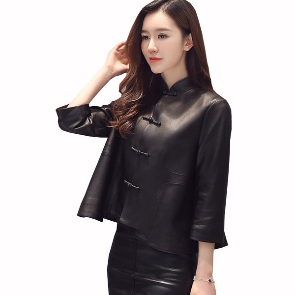 

kulazopper female genuine leather jacket real sheepskin coat short slim jacket for women stand collar outwear zs402, Black