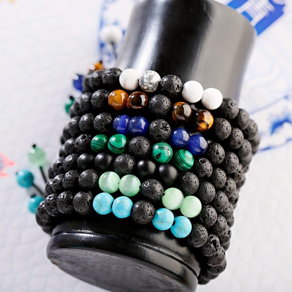 

men braided bracelet 8mm white green tiger eye stone black natural lava stone beads yoga bracelets for women adjustable jewelry