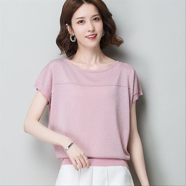 

summer 2019 bat sleeve loose women's bright shirt silk half-sleeved shirt knitted ice silk short-sleeved t-shirt, White