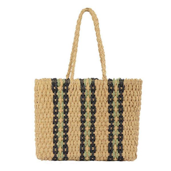

new fashion ladies elegant rattan woven striped pattern handbag women retro straw knitting summer beach tote bag