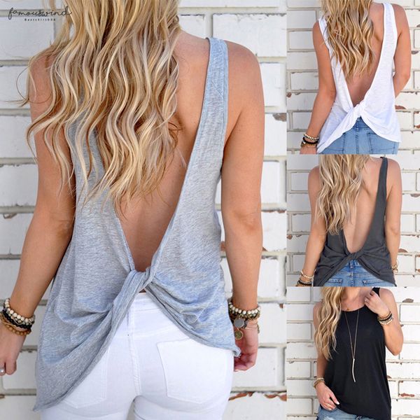 

new arrival women summer sleeveless backless shirt knotted tank blouse vest tshirt open back t shirt hot, White