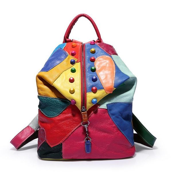 

designer- wholikes brand 2017 fashion new punk wind 100% genuine leather splicing zipper backpack teenagers personality backpack female