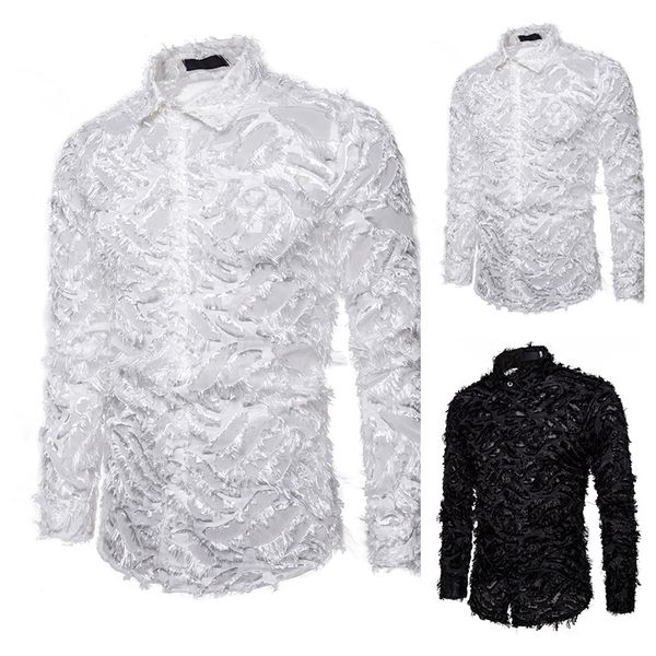 

men's fashion long-sleeve shirt 2020 new handmade 3d feather fabric spring youth evening dress henry collar shirt, White;black