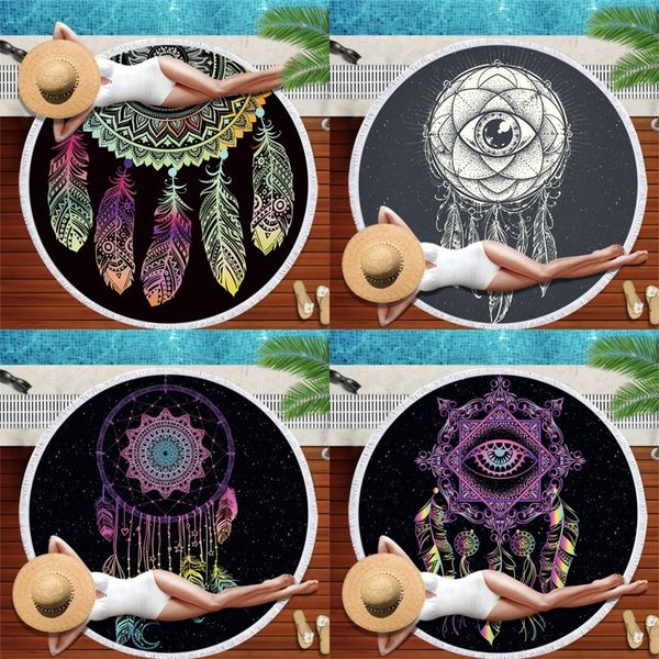 

150*150cm round restoring ancient ways beach towel feather dreamcatcher polyester fiber bath towels fashion sellers 29am j1