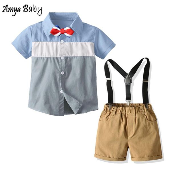 

amya baby toddler boy outfits summer short sleeve patchwork blouse strap pants 2pcs boys suits kids clothes ing, White