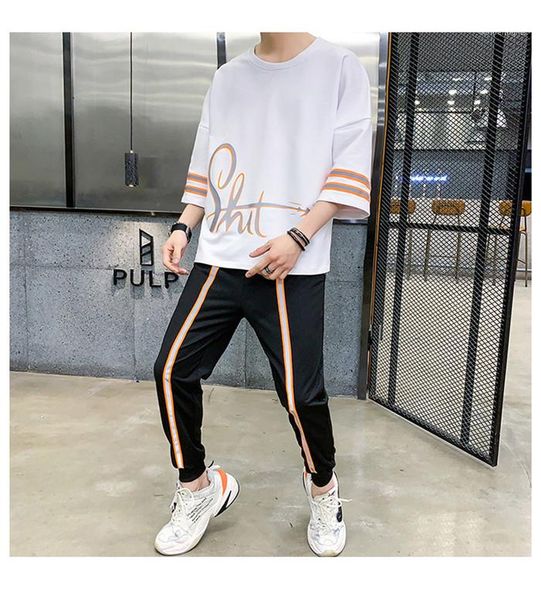 

fashion casual loose sports set teenagers 2pcs panelled striped tracksuits summer designer letter print street style harem mens suits males, Gray