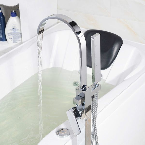 

bathroom floor stand bathtub water faucet brass chrome plated waterfall bath tub faucet square shower set tap