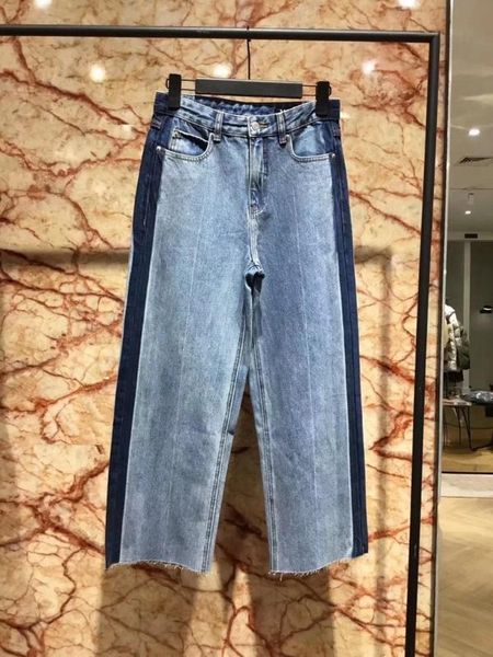 

ewq] 2020 spring new high rise casual trousers side colorblock wide leg straight cut edge jeans qz219, Blue