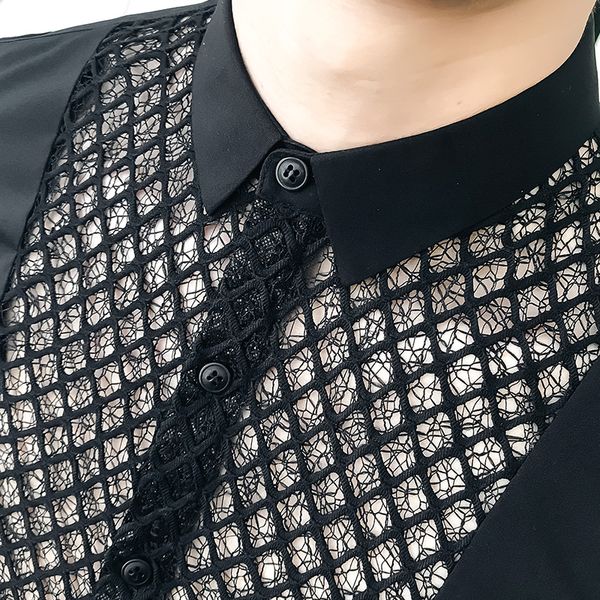 

new men's shirts wedding party dress half sleeve shirt lace design tuxedo shirt men club slim clothes, White;black