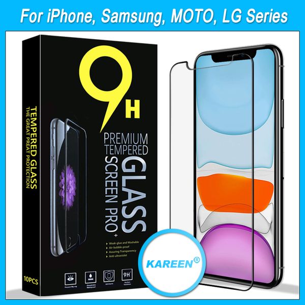 

kareen for iphone 11, x, 8, 7, 6, se2020, samsung j7, j3, s7, a10e, a20e, lg stylo 5, moto e6 screen protector, with retail paper box
