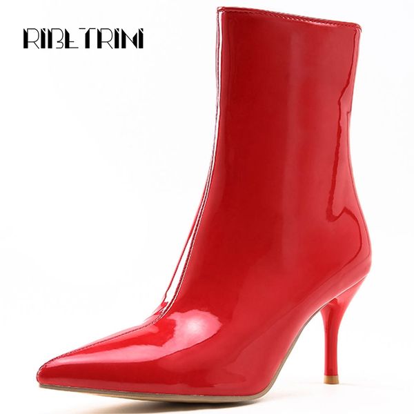 

ribetrini patent pu women boots fashion kitten heels pointed toe zipper shoes woman high ankle boots big size 35-47, Black