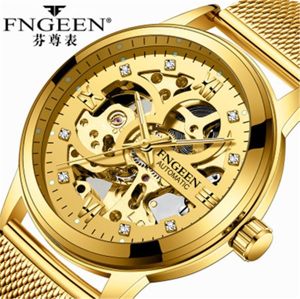 

brand fngeen mens watches mechanical watches sport ultra thin skeleton waterproof mens for men relogio masculino, Slivery;brown