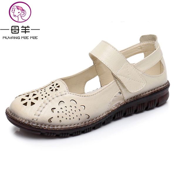 

muyang mie mie genuine leather breathable soft flat sandals summer women shoes woman casual solid buckle strap women sandals, Black