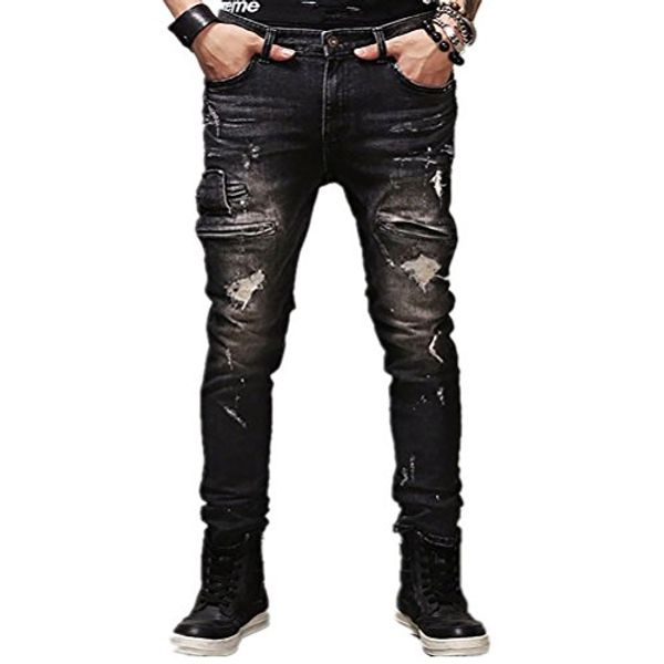 

aowofs men's jeans distressed ripped biker moto denim pants tapered leg slim fit zipper, Blue