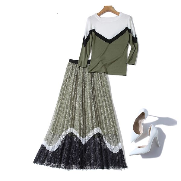 

элегантная осень зима 2 женщины повседневная свитер пуловеры топы + кружева гофрированный длинные двухкусочный юбка set ensemble femme, White