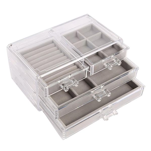 

3-layer 4-drawer jewelry storage box transparent durable plastic dustproof liner watch case earrings necklace jewelry container, Pink;blue
