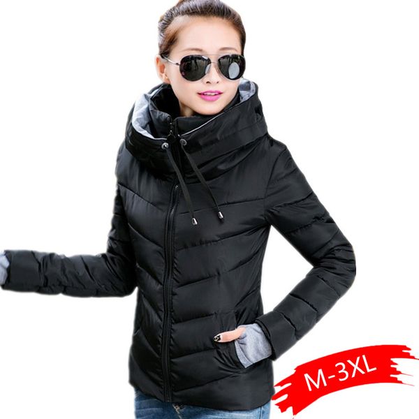 

2019 causal ladies solid padded parkas short autumn winter wadded women stand collar coats female parkas with gloves overcoat, Black
