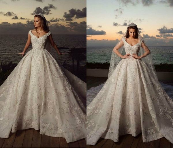 

folral a line wedding dresses v-neck sleeveless full appliqued lace beaded sequins wedding gown backless sweep train vestidos de novia, White