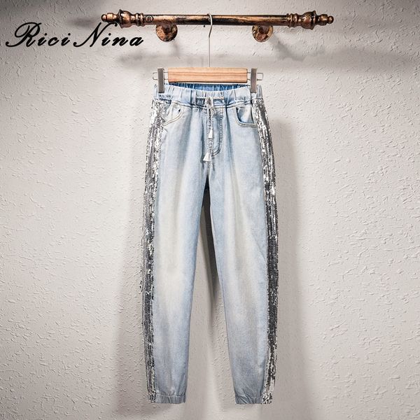 

ricinina women jeans denim woman trouser jean lace up pocket sequin pencil jeans for women high waist pants femme plus size 2019, Blue