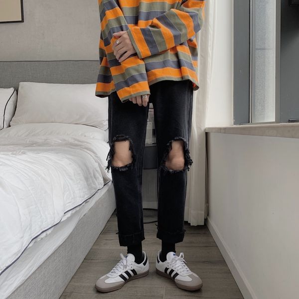 

men's jeans 2020 spring new slim solid color ripped pants 9 points jeans loose casual fashion personalized youth men's wear, Blue