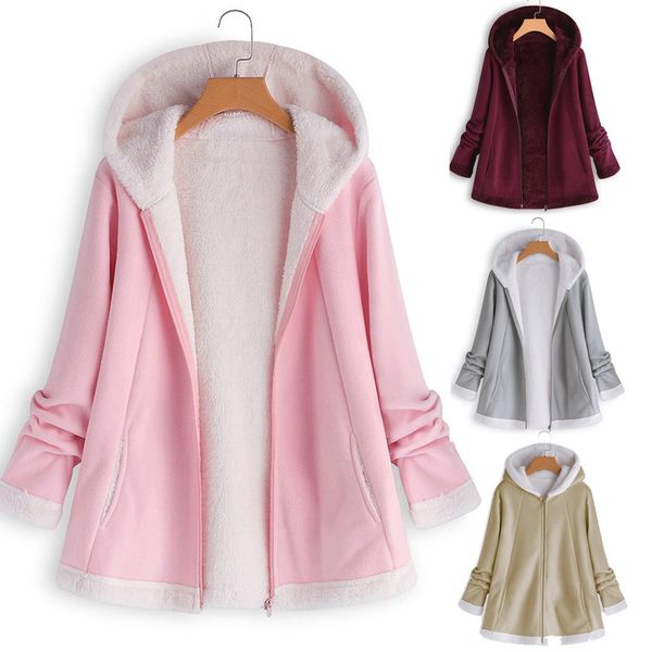 

plus size fashion lady winter curved hem longline faux fur sherpa fleece hoodie coat women coats and jackets, Tan;black