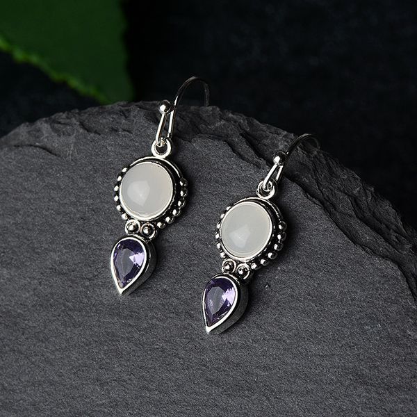 

trendy delicate geometric round artificial moonstone dangle earrings for women charm inlaid purple zircon drop earrings jewelry, Silver