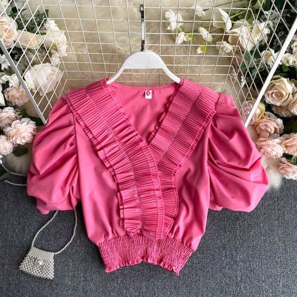 

популярные женщины плиссе короткого дизайн v-образного вырез puffy рукава top summer short chic ruffled вверх, White
