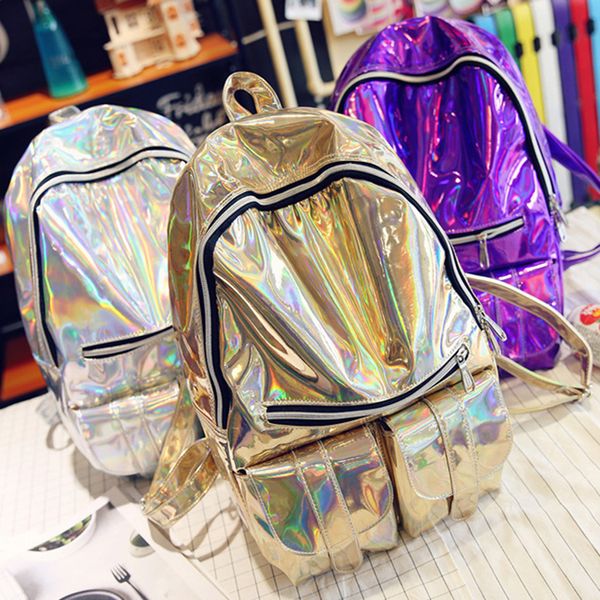

2017 fashion women pu leather backpacks students bags casual back packs pone bags silver/gold/purple hologram laser packpacks