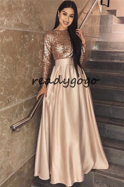 Rose Gold Sequins Evening Dresses 2019 Long Sleeves Floor Length Long Prom Dresses Zipper Back Modest Women Formal Wear Dress Evening Dresses Canada
