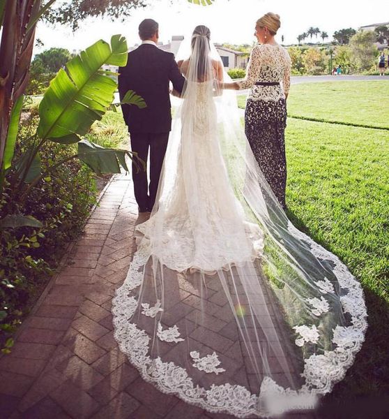 

stylish 3m two layers wedding veils with lace applique edge long chapel veils tulle custom made bridal veil with comb, Black